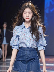 Floral Single Breasted Puff Sleeve Ruffles Patchwork Blouse Shirts Mssza