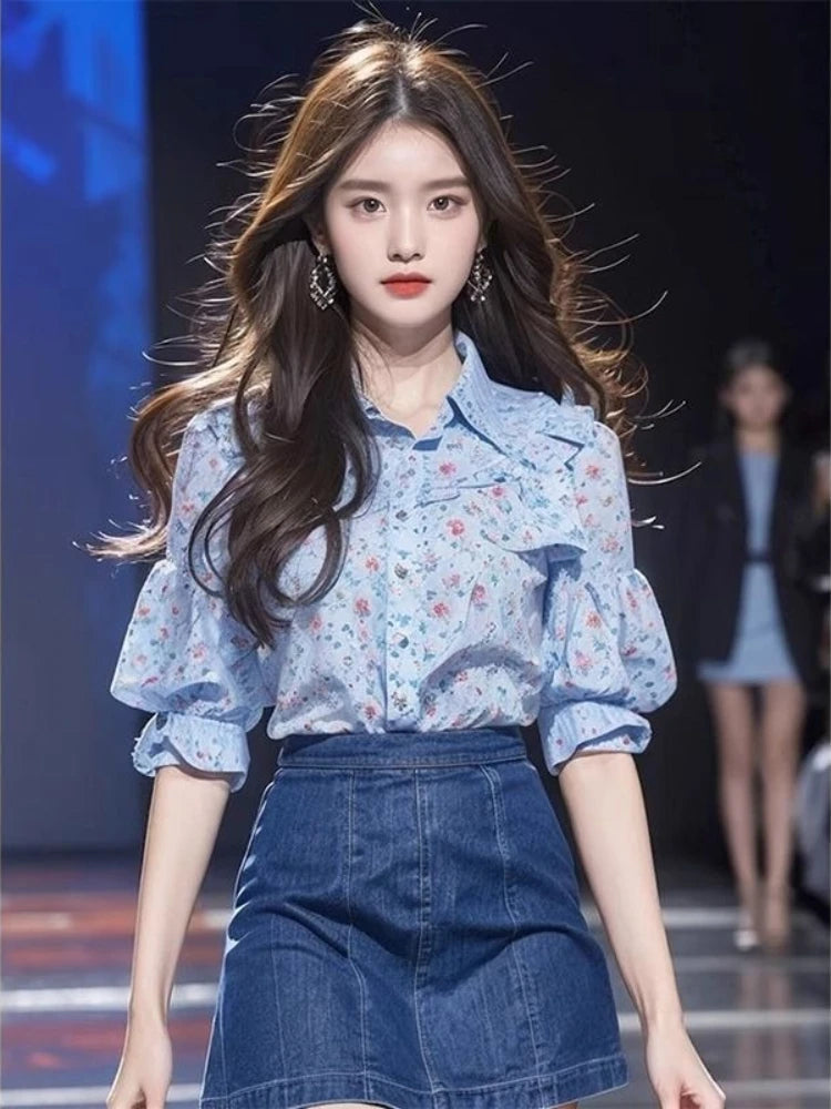 Floral Single Breasted Puff Sleeve Ruffles Patchwork Blouse Shirts Mssza