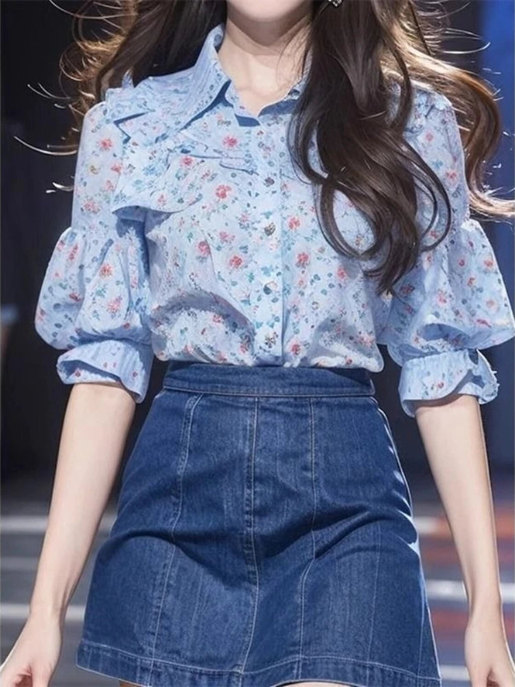 Floral Single Breasted Puff Sleeve Ruffles Patchwork Blouse Shirts Mssza