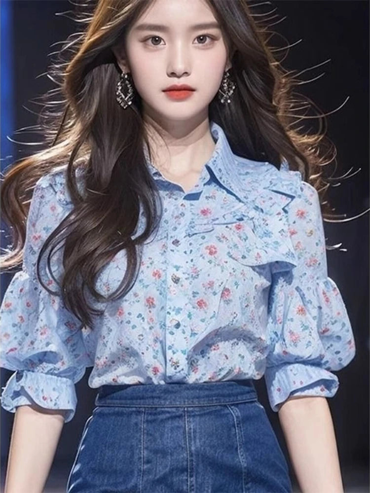 Floral Single Breasted Puff Sleeve Ruffles Patchwork Blouse Shirts Mssza