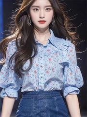 Floral Single Breasted Puff Sleeve Ruffles Patchwork Blouse Shirts Mssza