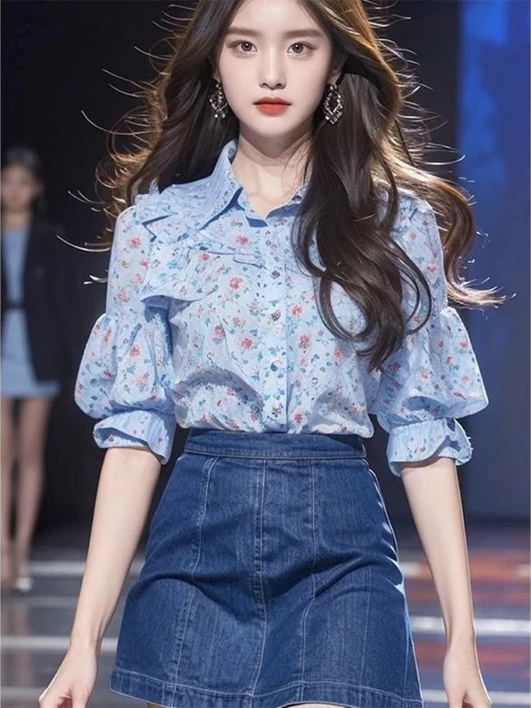 Floral Single Breasted Puff Sleeve Ruffles Patchwork Blouse Shirts Mssza