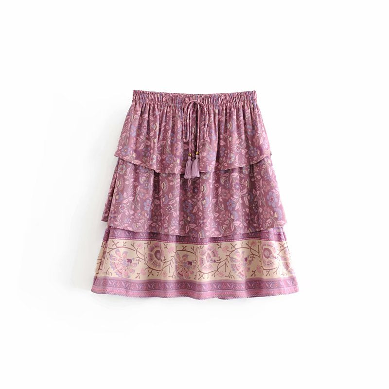 Floral boho style rayon print short oversize skirt Mssza