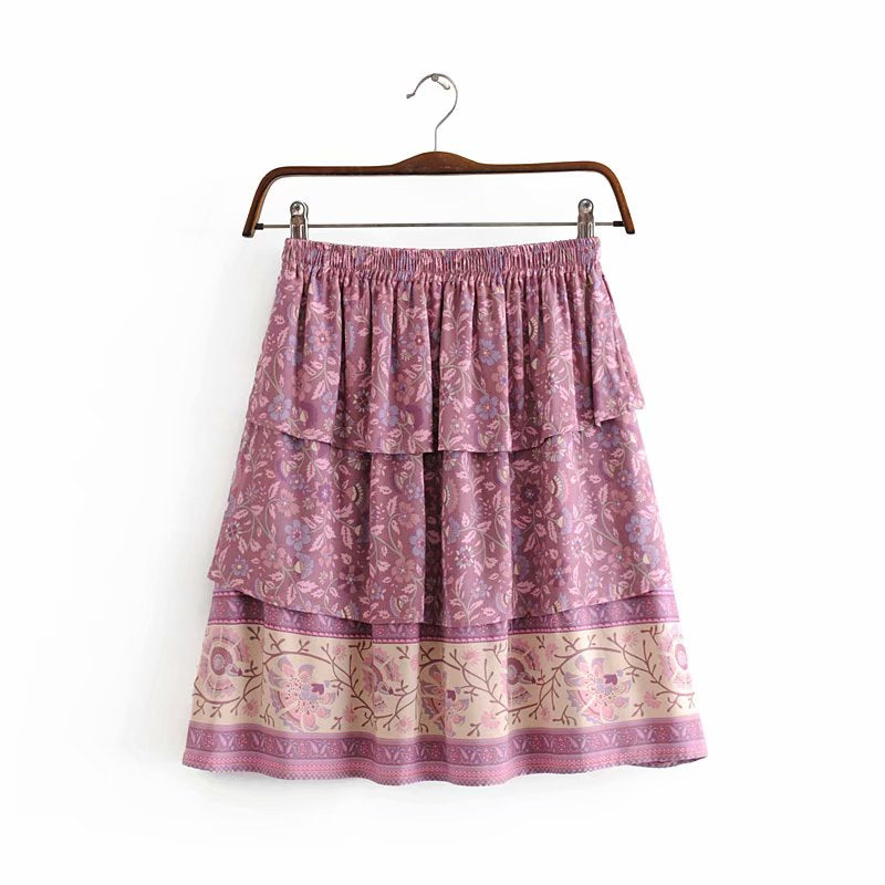 Floral boho style rayon print short oversize skirt Mssza