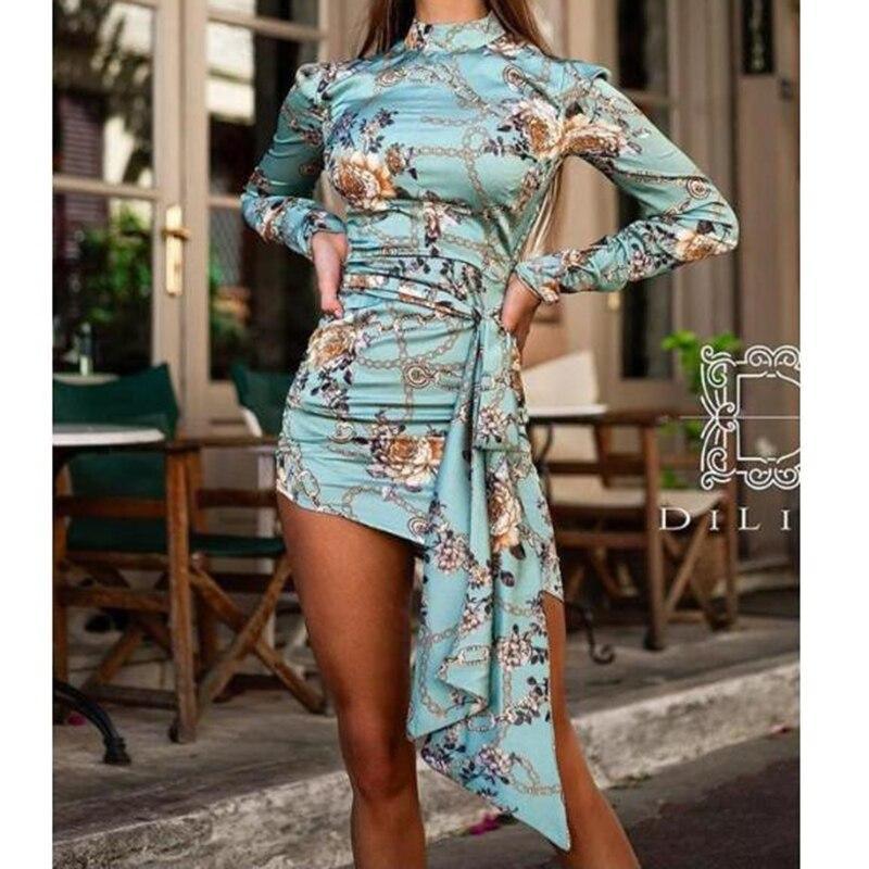 Floral print ruched designed mini dress Turtleneck long sleeve dress Autumn Bodycon  party dresses vestidos mujer Mssaz Desses