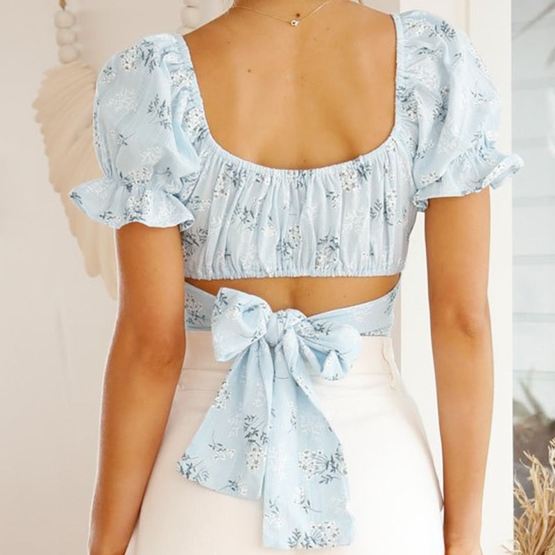 Floral puff sleeve square neck Casual printed blouse Mssza