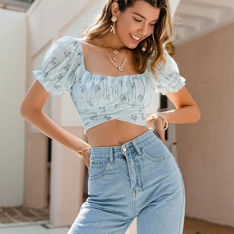 Floral puff sleeve square neck Casual printed blouse Mssza