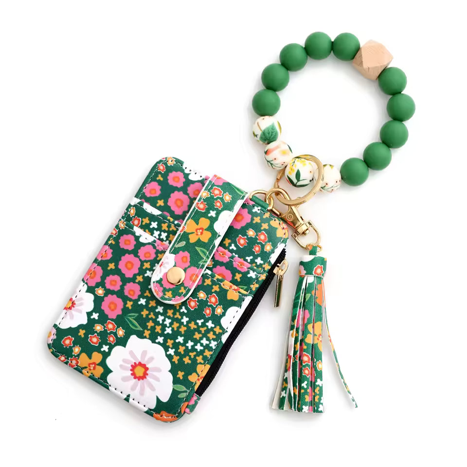 Floral Printed Silicone Bead Bracelet Leather Bangle Card Bag Mssza