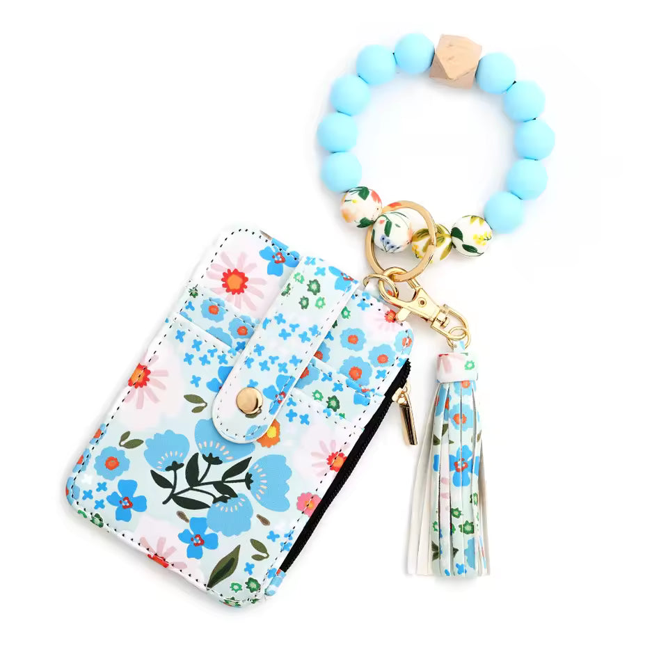 Floral Printed Silicone Bead Bracelet Leather Bangle Card Bag Mssza