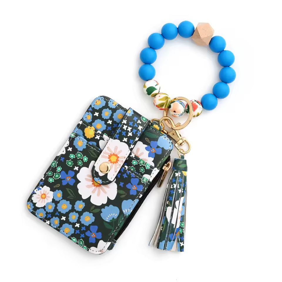 Floral Printed Silicone Bead Bracelet Leather Bangle Card Bag Mssza