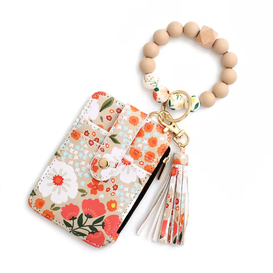 Floral Printed Silicone Bead Bracelet Leather Bangle Card Bag Mssza