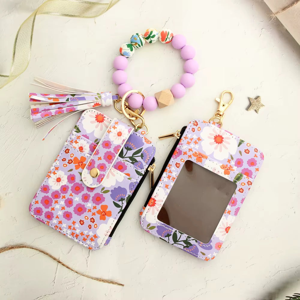 Floral Printed Silicone Bead Bracelet Leather Bangle Card Bag Mssza