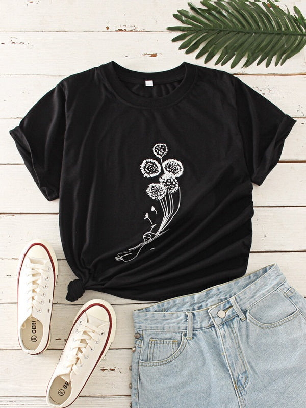 Flower O-neck Print Short Sleeve Casual T-Shirt Mssza