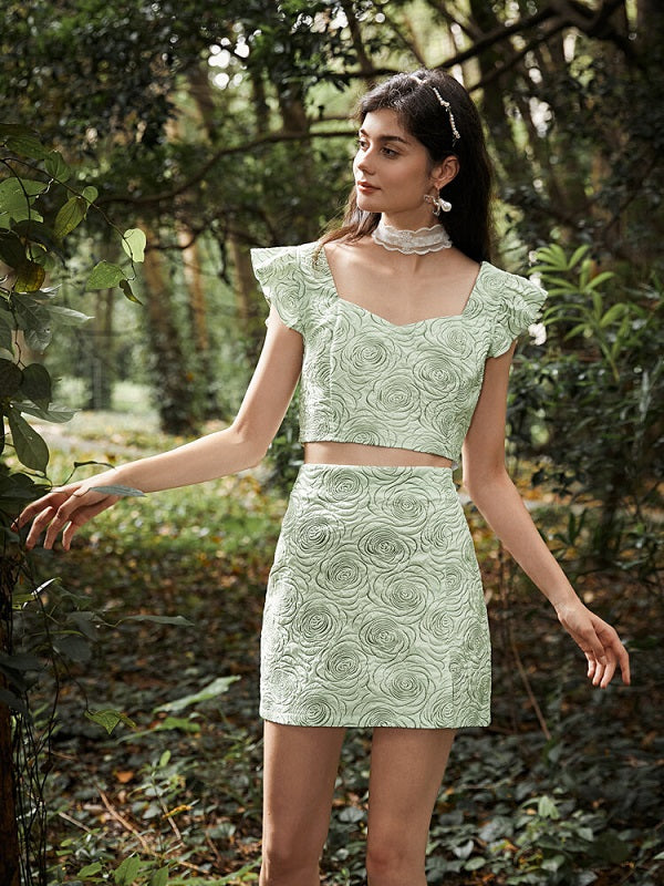 Flower Pattern Ruffle Sleeve Square Collar Two Pieces Suit Mssza