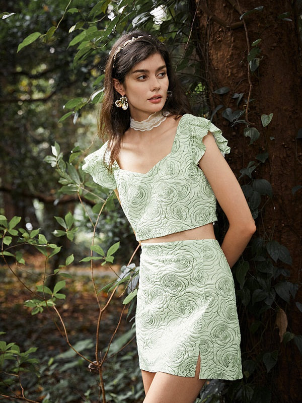 Flower Pattern Ruffle Sleeve Square Collar Two Pieces Suit Mssza