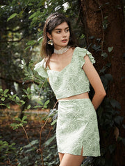 Flower Pattern Ruffle Sleeve Square Collar Two Pieces Suit Mssza