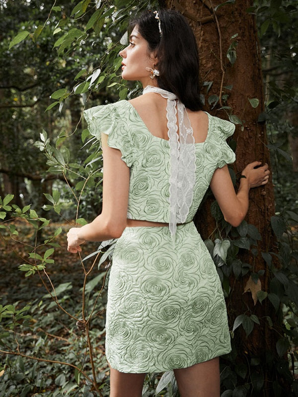 Flower Pattern Ruffle Sleeve Square Collar Two Pieces Suit Mssza