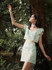 Flower Pattern Ruffle Sleeve Square Collar Two Pieces Suit Mssza