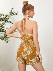 Flower Print Backless Halter Drawstring Bohemian Jumpsuit Mssza