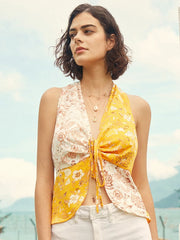 Flower Print Halter Drawstring Sleeveless Tank Top Mssza