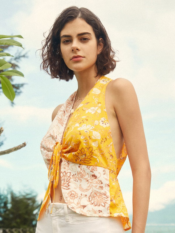 Flower Print Halter Drawstring Sleeveless Tank Top Mssza