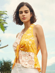 Flower Print Halter Drawstring Sleeveless Tank Top Mssza