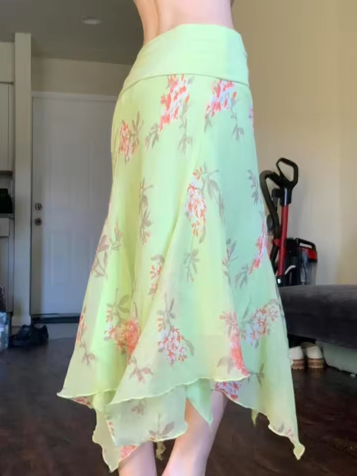Flower Print Irregular Low Waist Elegant Retro Design Chic Long Skirts Mssza