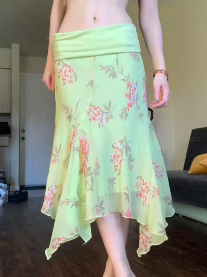 Flower Print Irregular Low Waist Elegant Retro Design Chic Long Skirts Mssza