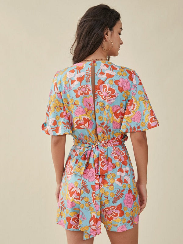 Flower Print Knotted Butterfly Sleeve Cross Front V-neck Romper Mssza