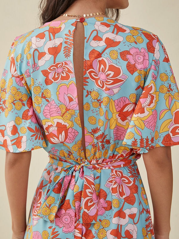 Flower Print Knotted Butterfly Sleeve Cross Front V-neck Romper Mssza