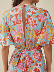 Flower Print Knotted Butterfly Sleeve Cross Front V-neck Romper Mssza