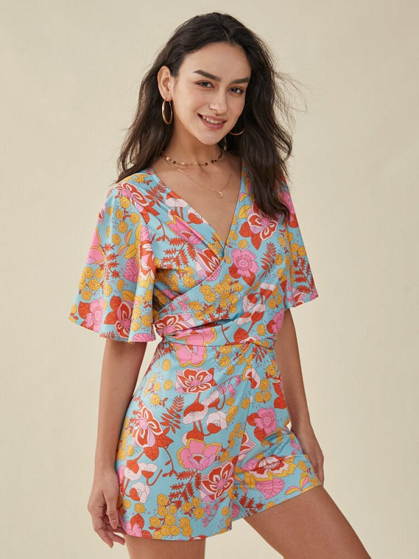 Flower Print Knotted Butterfly Sleeve Cross Front V-neck Romper Mssza