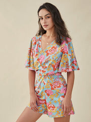Flower Print Knotted Butterfly Sleeve Cross Front V-neck Romper Mssza