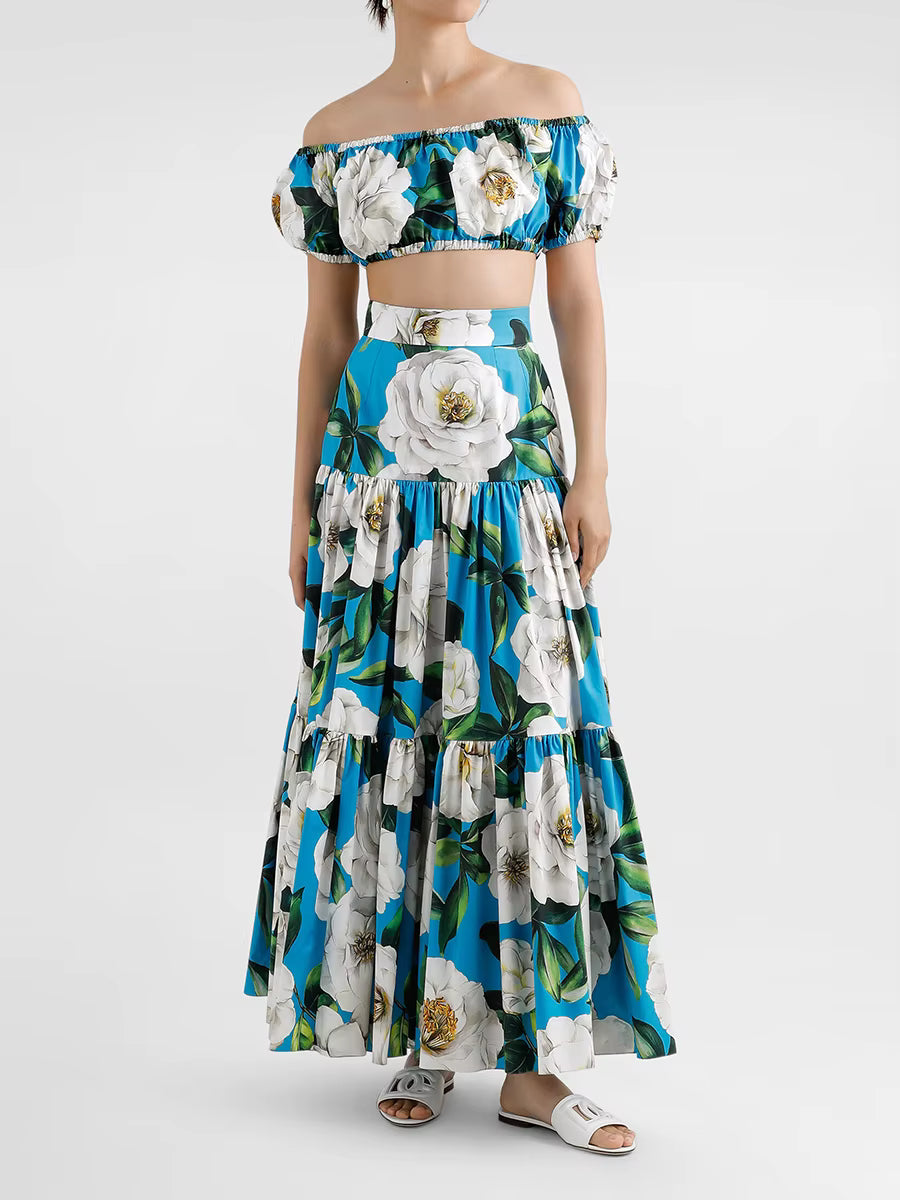 Flower Print Off The Shoulder Short Sleeve Top High Waist A Line Folds Skirts Two Piece Set Mssza