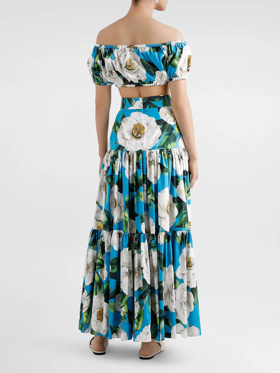 Flower Print Off The Shoulder Short Sleeve Top High Waist A Line Folds Skirts Two Piece Set Mssza