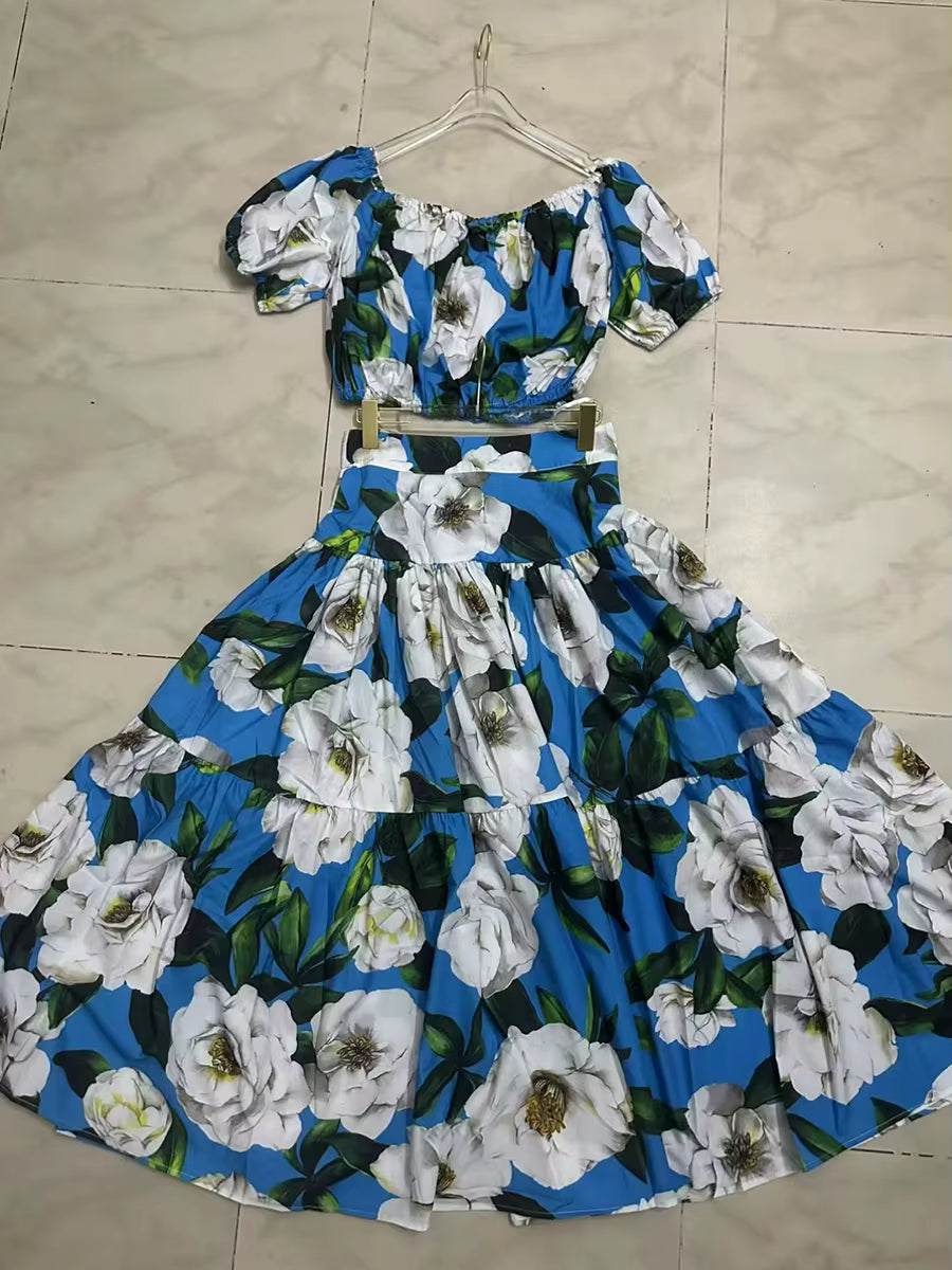 Flower Print Off The Shoulder Short Sleeve Top High Waist A Line Folds Skirts Two Piece Set Mssza
