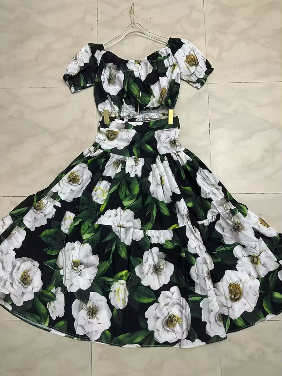 Flower Print Off The Shoulder Short Sleeve Top High Waist A Line Folds Skirts Two Piece Set Mssza