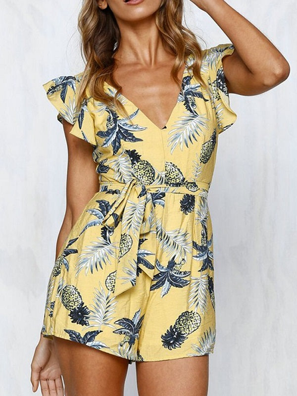 Flower Print Ruffle Sleeve Knotted Backless Casual Romper Mssza