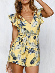 Flower Print Ruffle Sleeve Knotted Backless Casual Romper Mssza