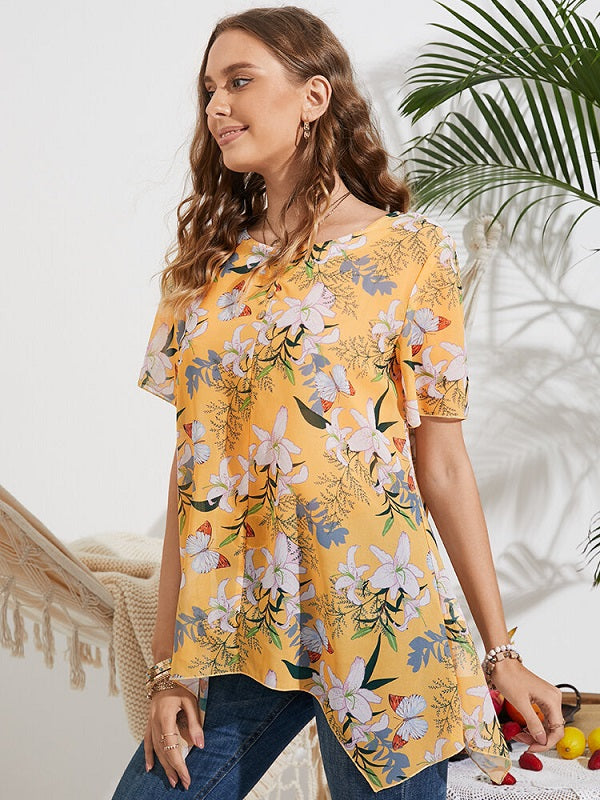 Flowers Print Asymmetrical Button Casual Blouse Mssza