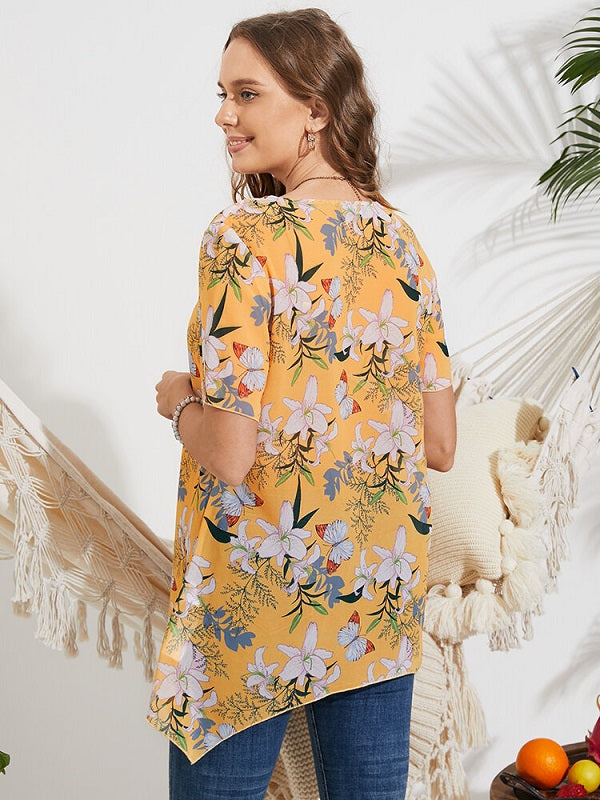 Flowers Print Asymmetrical Button Casual Blouse Mssza
