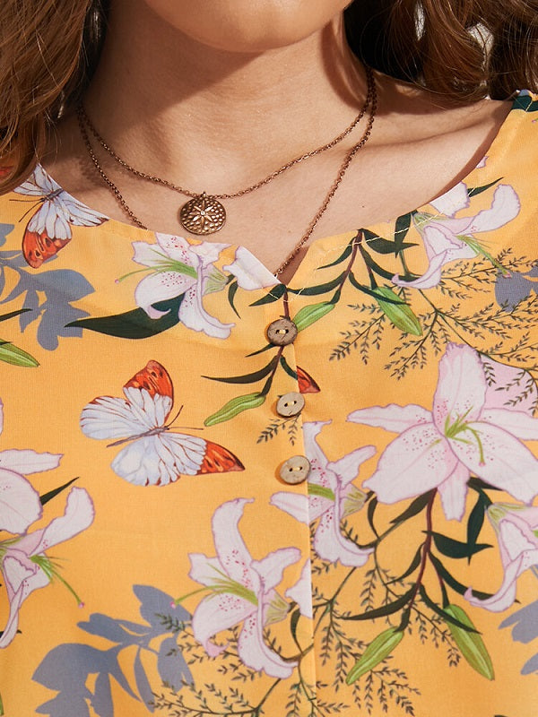 Flowers Print Asymmetrical Button Casual Blouse Mssza