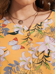 Flowers Print Asymmetrical Button Casual Blouse Mssza
