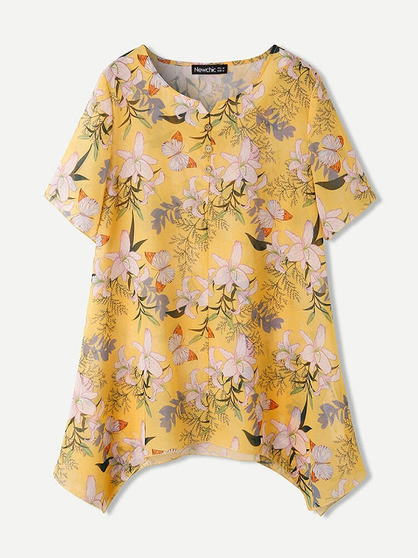 Flowers Print Asymmetrical Button Casual Blouse Mssza