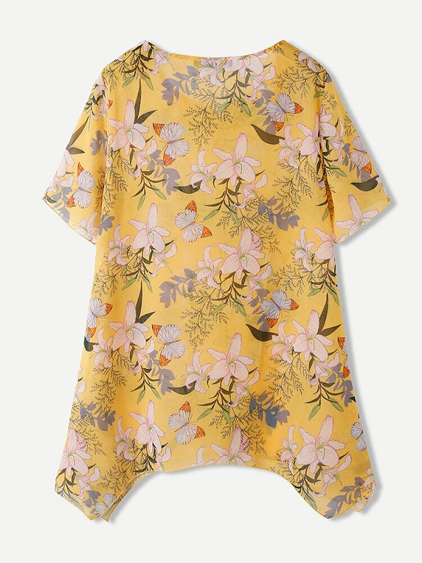 Flowers Print Asymmetrical Button Casual Blouse Mssza