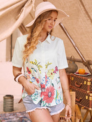 Flowers Print Lapel Short Sleeve Casual Shirt Mssza