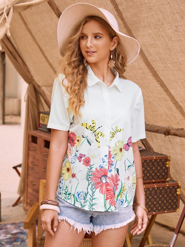 Flowers Print Lapel Short Sleeve Casual Shirt Mssza