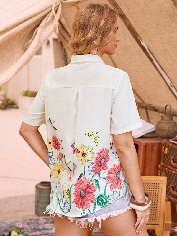 Flowers Print Lapel Short Sleeve Casual Shirt Mssza