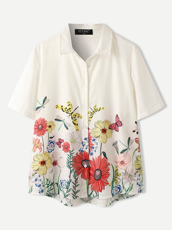 Flowers Print Lapel Short Sleeve Casual Shirt Mssza