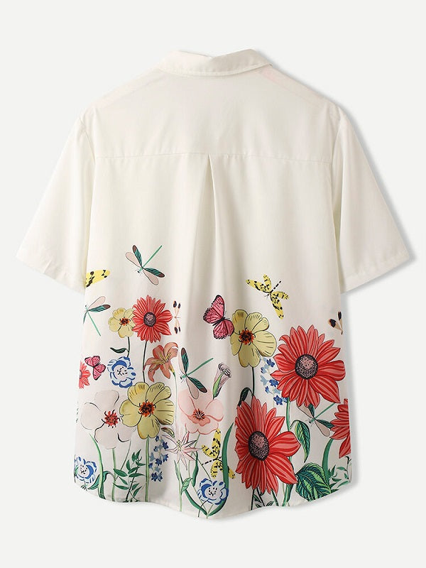 Flowers Print Lapel Short Sleeve Casual Shirt Mssza